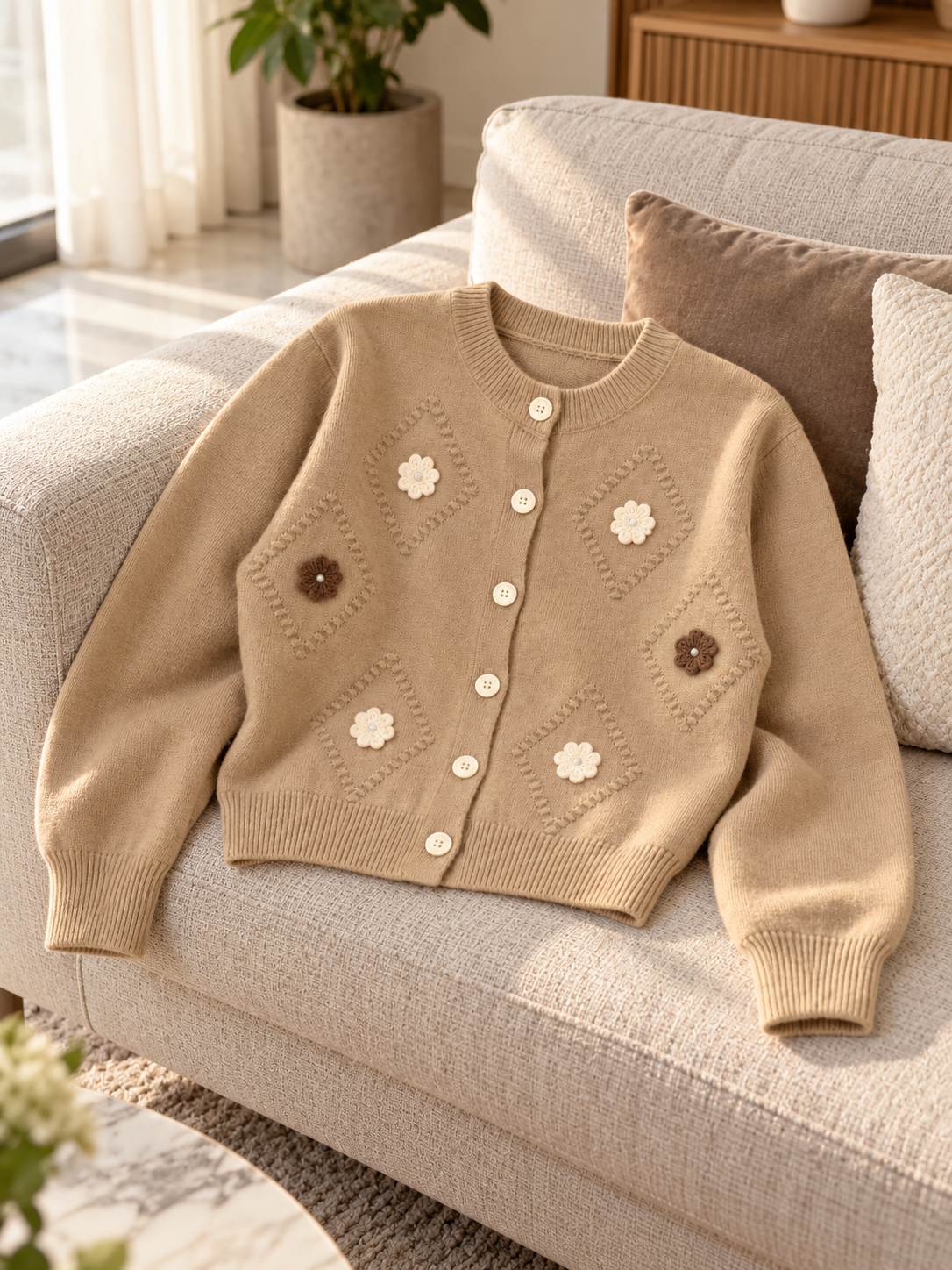 Close-up detail of camel brown crochet flower women's cardigan by Purple Imli