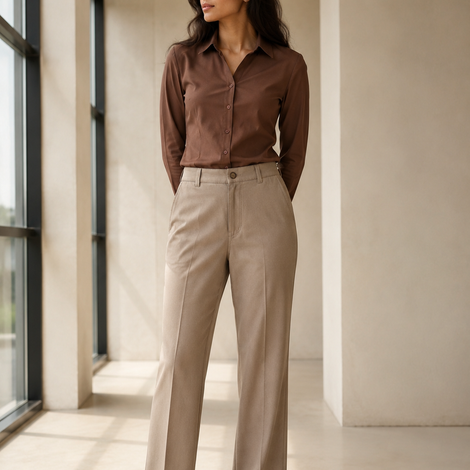 A woman stands in a bright, modern indoor space wearing a brown button-up shirt and high-waisted beige wide-leg trousers by Purple Imli  with beige pointed-toe heels.