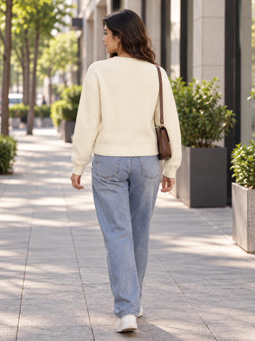 Cream classic button women's cardigan by Purple Imli – back view