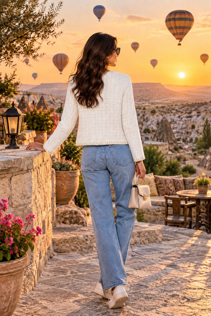 Cream pearl trim tweed women's cardigan jacket by Purple Imli – back view
