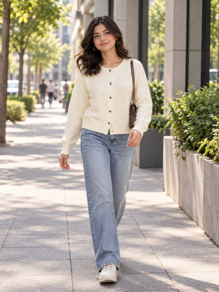 Cream classic button women's cardigan by Purple Imli – front view