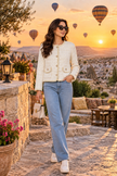 Cream pearl trim tweed women's cardigan jacket by Purple Imli – front view