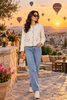 Cream pearl trim tweed women's cardigan jacket by Purple Imli – front view