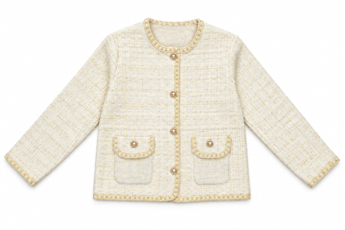 Cream pearl trim tweed women's cardigan jacket by Purple Imli – product shot