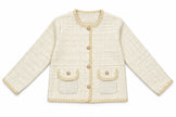 Cream pearl trim tweed women's cardigan jacket by Purple Imli – product shot