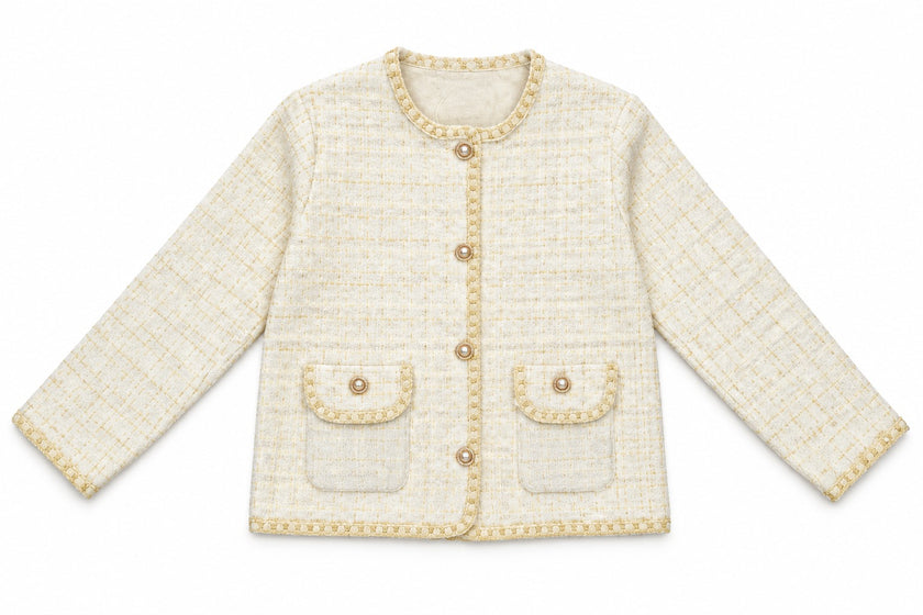 Cream pearl trim tweed women's cardigan jacket by Purple Imli – product shot