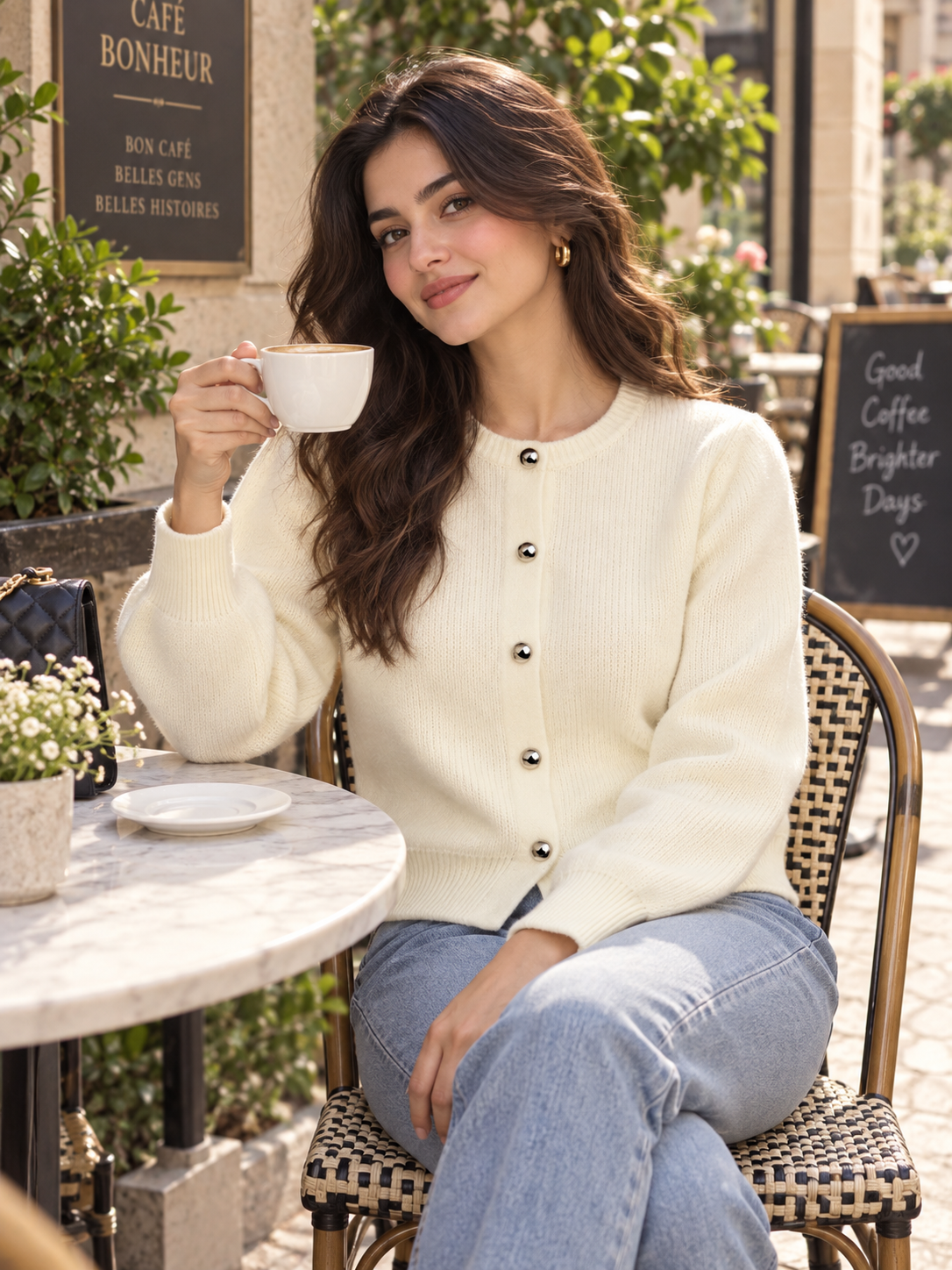 Woman wearing cream classic button cardigan by Purple Imli in a city street look
