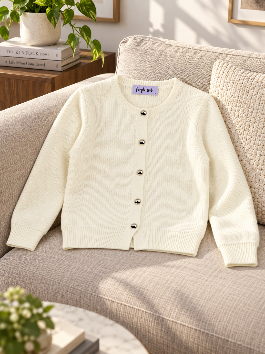Close-up detail of cream classic button women's cardigan by Purple Imli