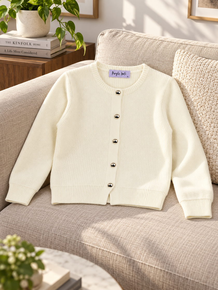 Close-up detail of cream classic button women's cardigan by Purple Imli