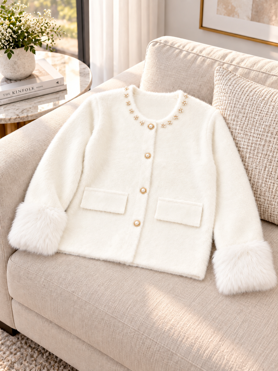 Close-up detail of cream faux fur cuff women's cardigan jacket by Purple Imli