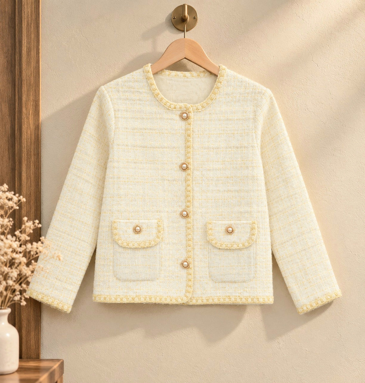 Close-up detail of cream pearl trim tweed women's cardigan jacket by Purple Imli