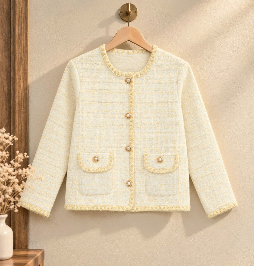 Close-up detail of cream pearl trim tweed women's cardigan jacket by Purple Imli
