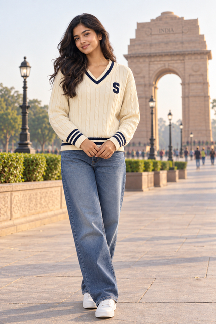 Cream varsity cable knit V-neck women's sweater by Purple Imli – front view