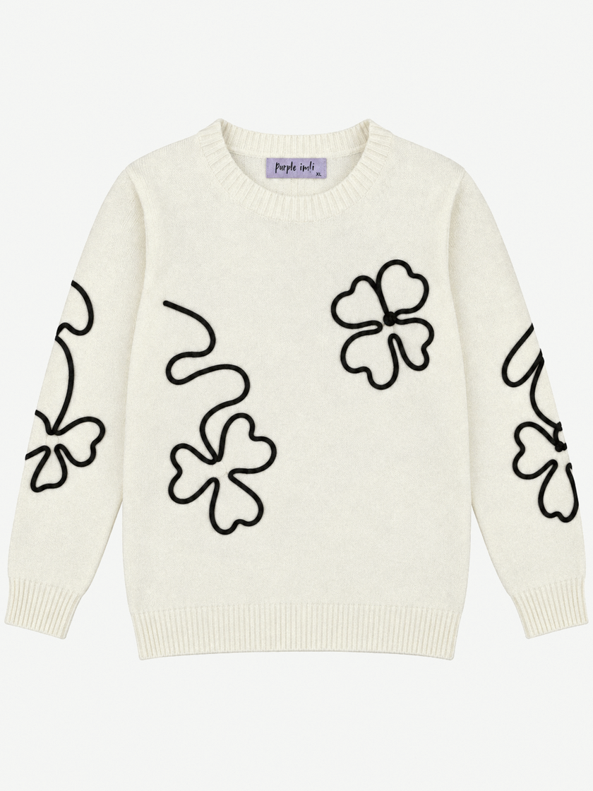 Cream outline flower women's sweater by Purple Imli – product shot