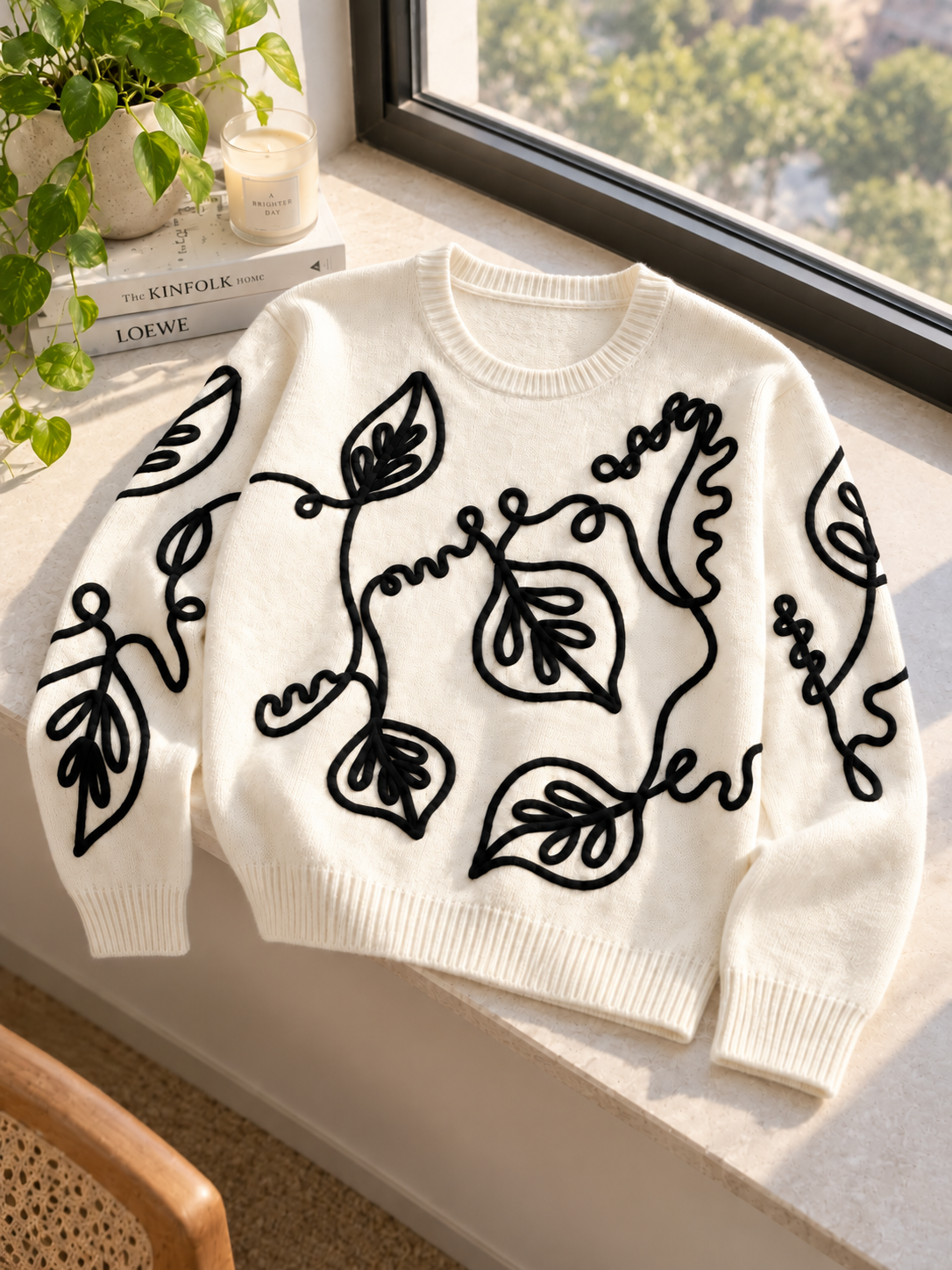 Close-up detail of cream outline leaf women's sweater by Purple Imli