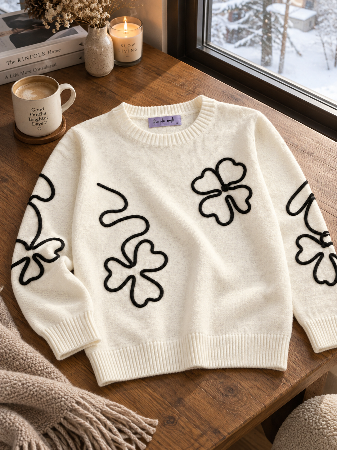 Close-up detail of cream outline flower women's sweater by Purple Imli