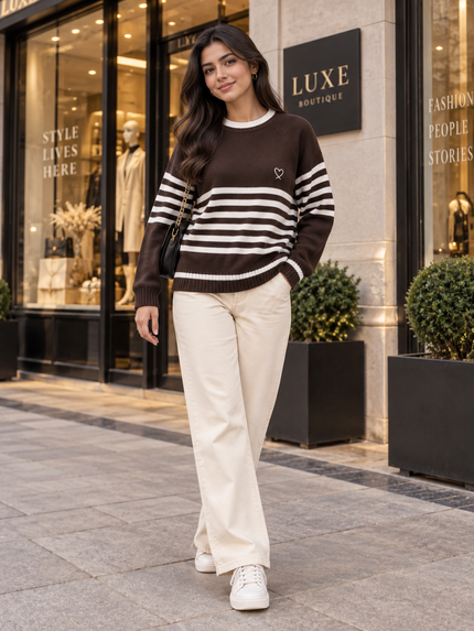 Dark brown striped raglan women's sweater by Purple Imli – front view