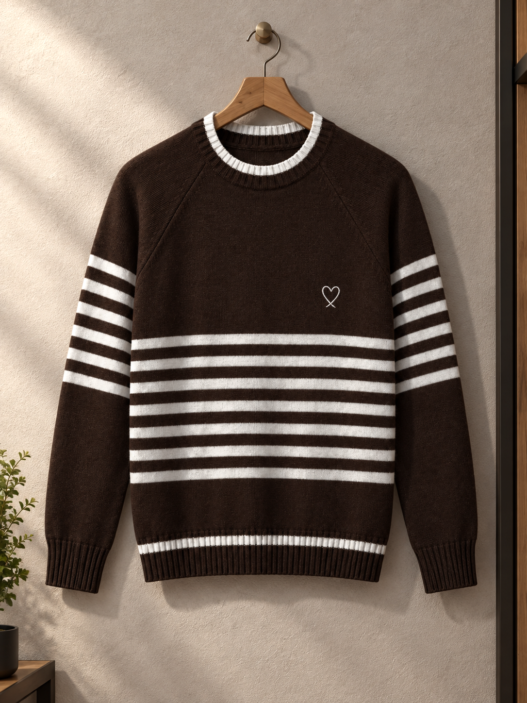 Close-up detail of dark brown striped raglan women's sweater by Purple Imli