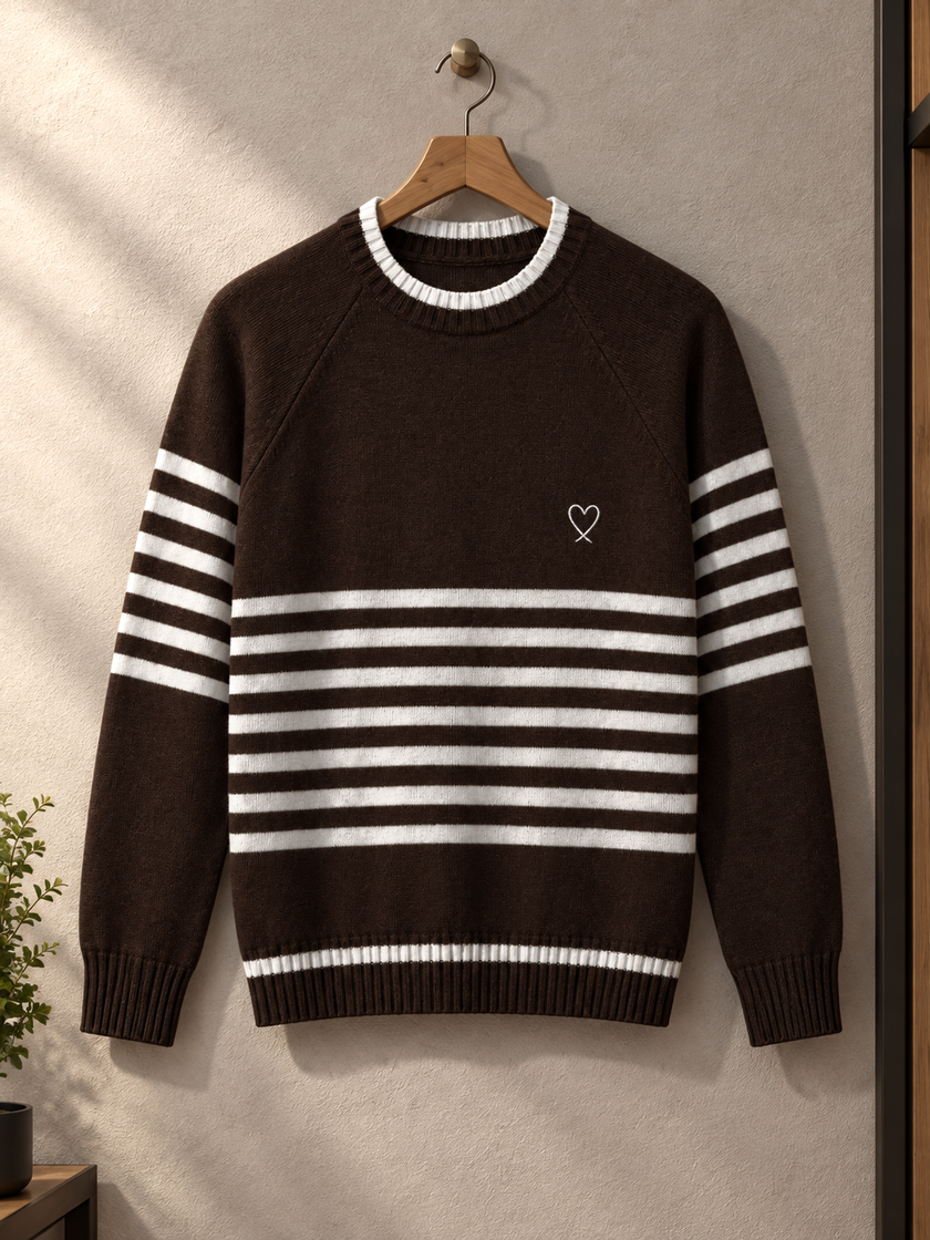Close-up detail of dark brown striped raglan women's sweater by Purple Imli