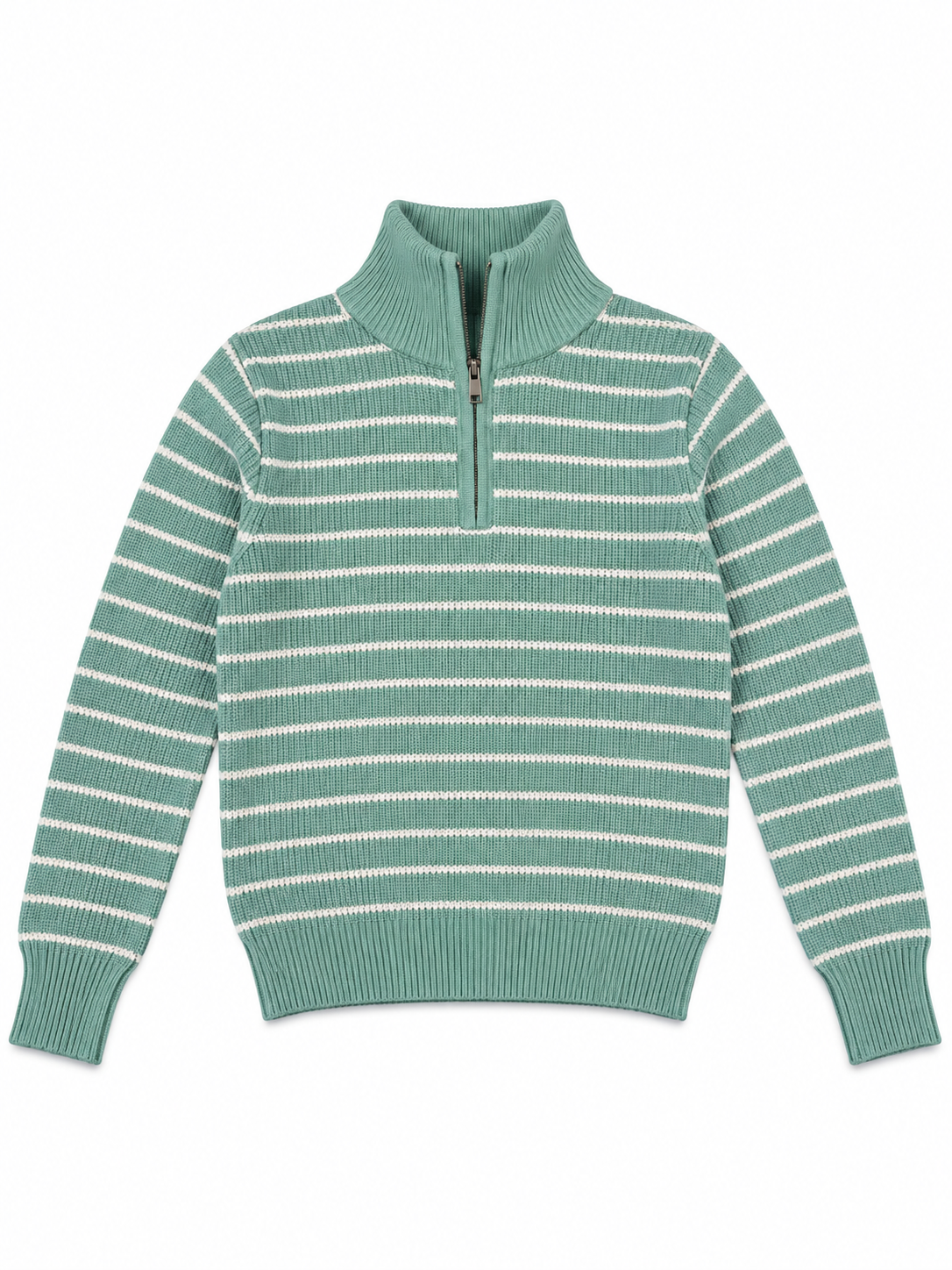 Green breton stripe half-zip women's sweater by Purple Imli – product shot
