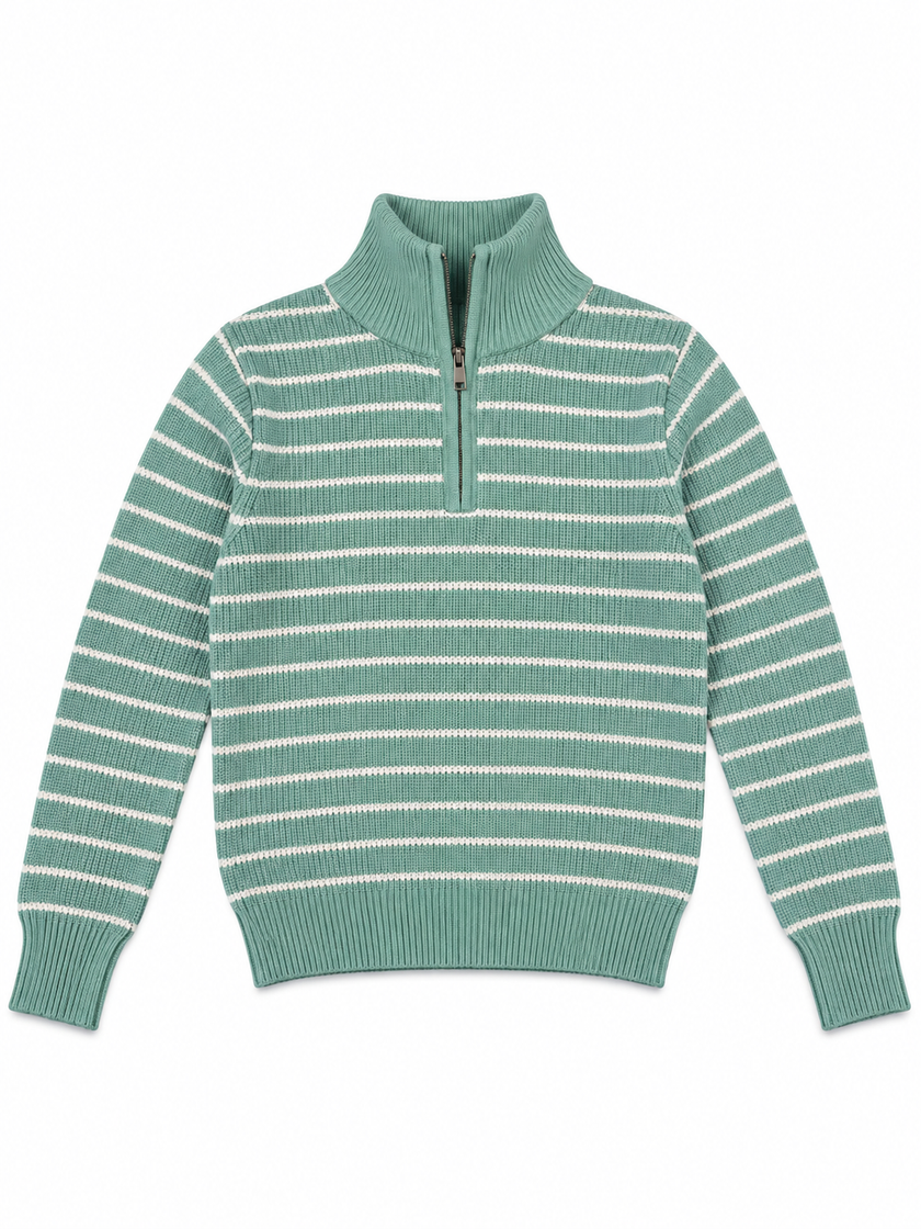 Green breton stripe half-zip women's sweater by Purple Imli – product shot