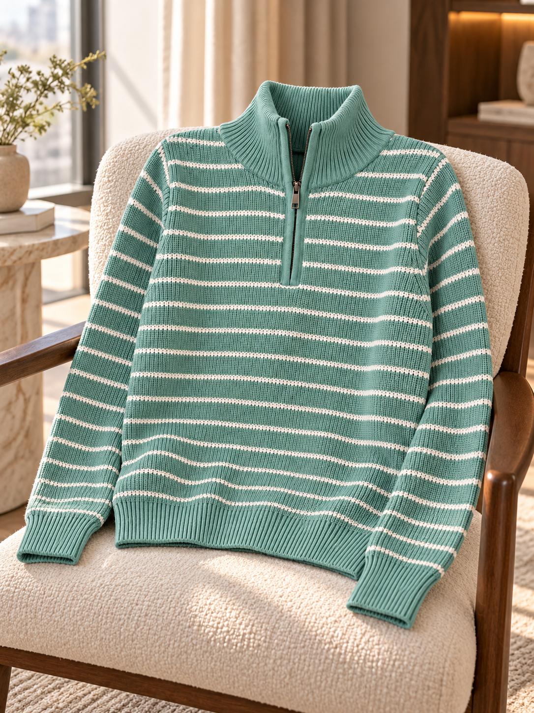Close-up detail of green breton stripe half-zip women's sweater by Purple Imli