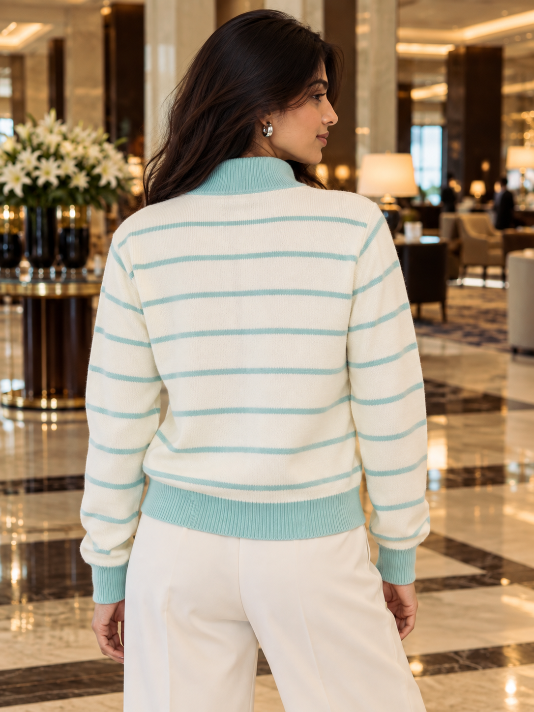 Green striped bow zip-up women's sweater by Purple Imli – back view