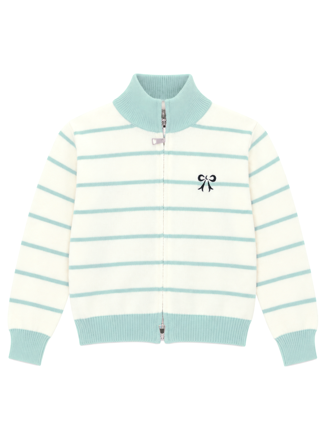Green striped bow zip-up women's sweater by Purple Imli – product shot