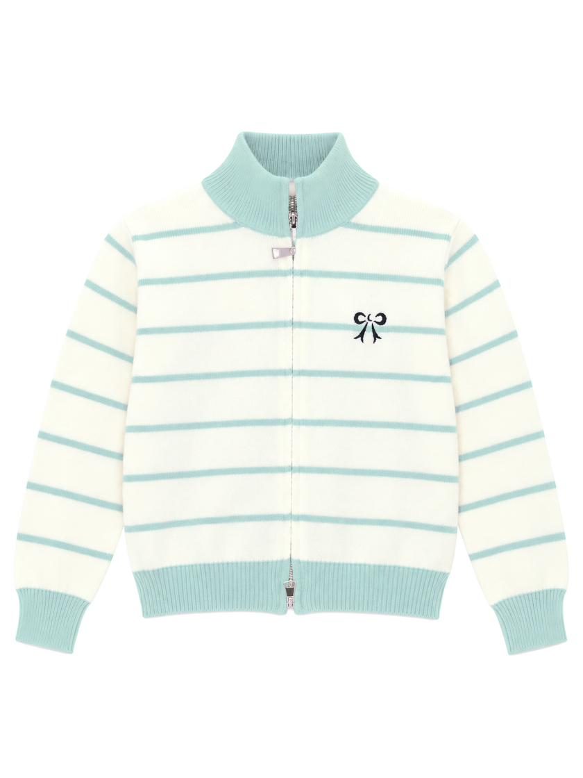 Green striped bow zip-up women's sweater by Purple Imli – product shot