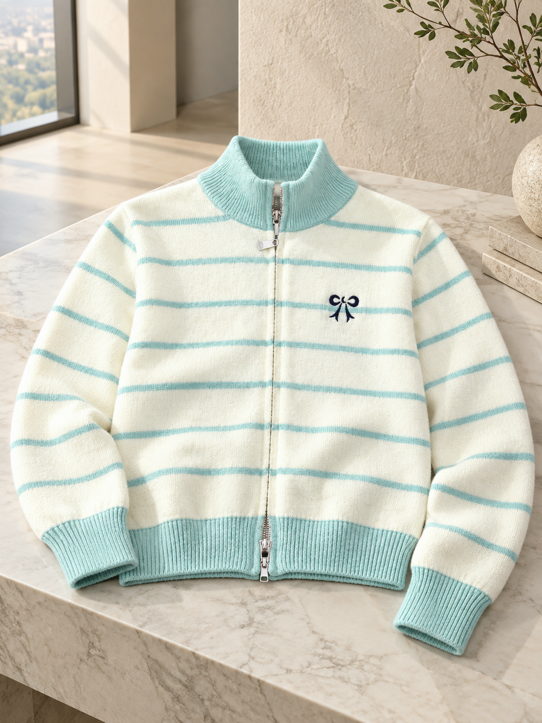 Close-up detail of green striped bow zip-up women's sweater by Purple Imli