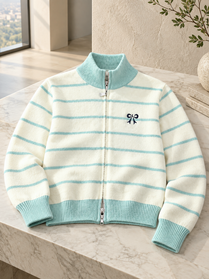 Close-up detail of green striped bow zip-up women's sweater by Purple Imli