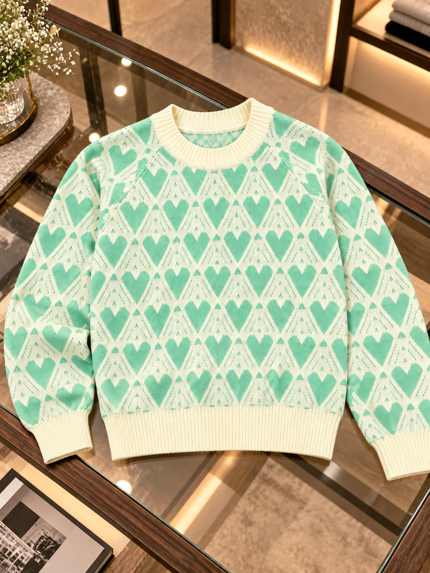 Close-up detail of green heart jacquard women's sweater by Purple Imli