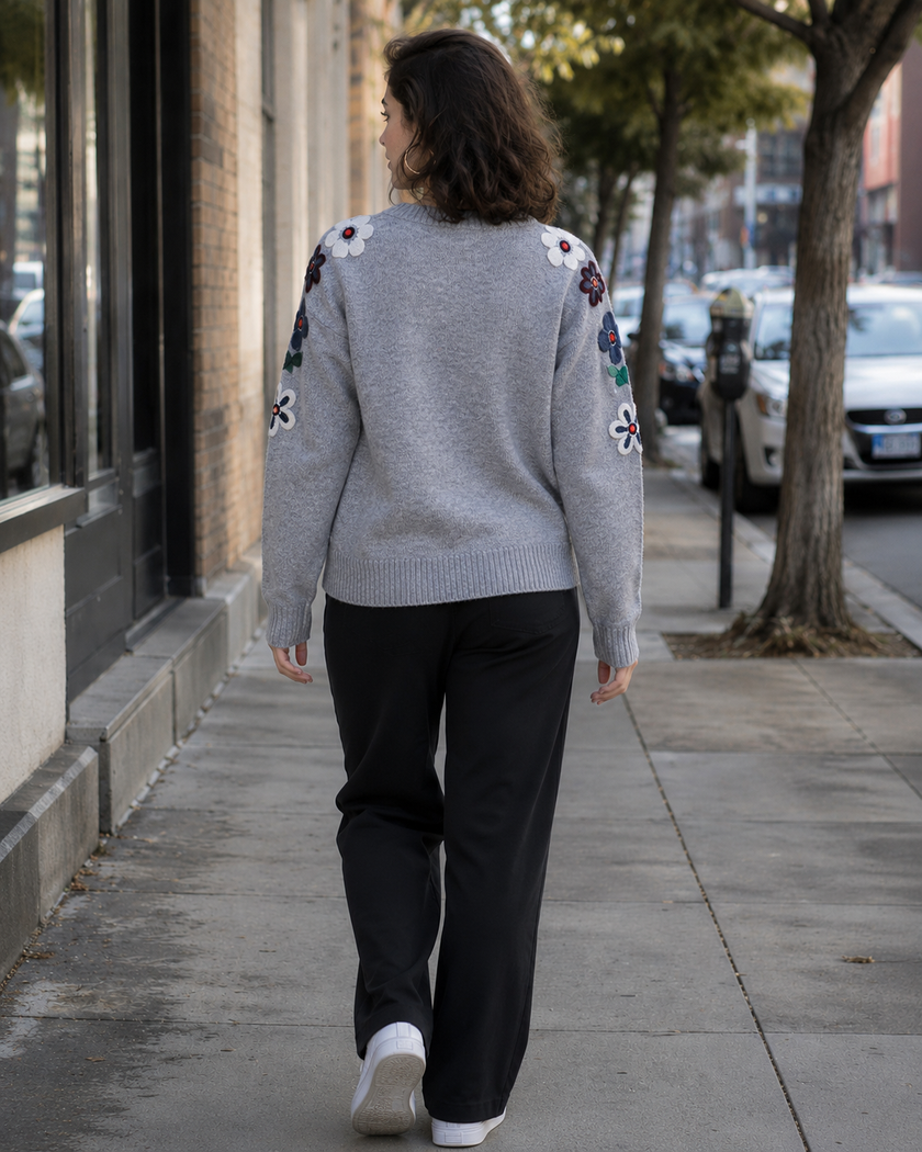 Grey embroidered round-neck women's sweater by Purple Imli – back view