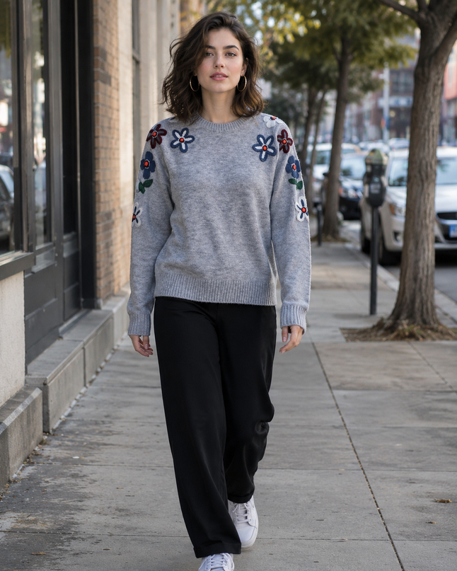 Grey embroidered round-neck women's sweater by Purple Imli – front view