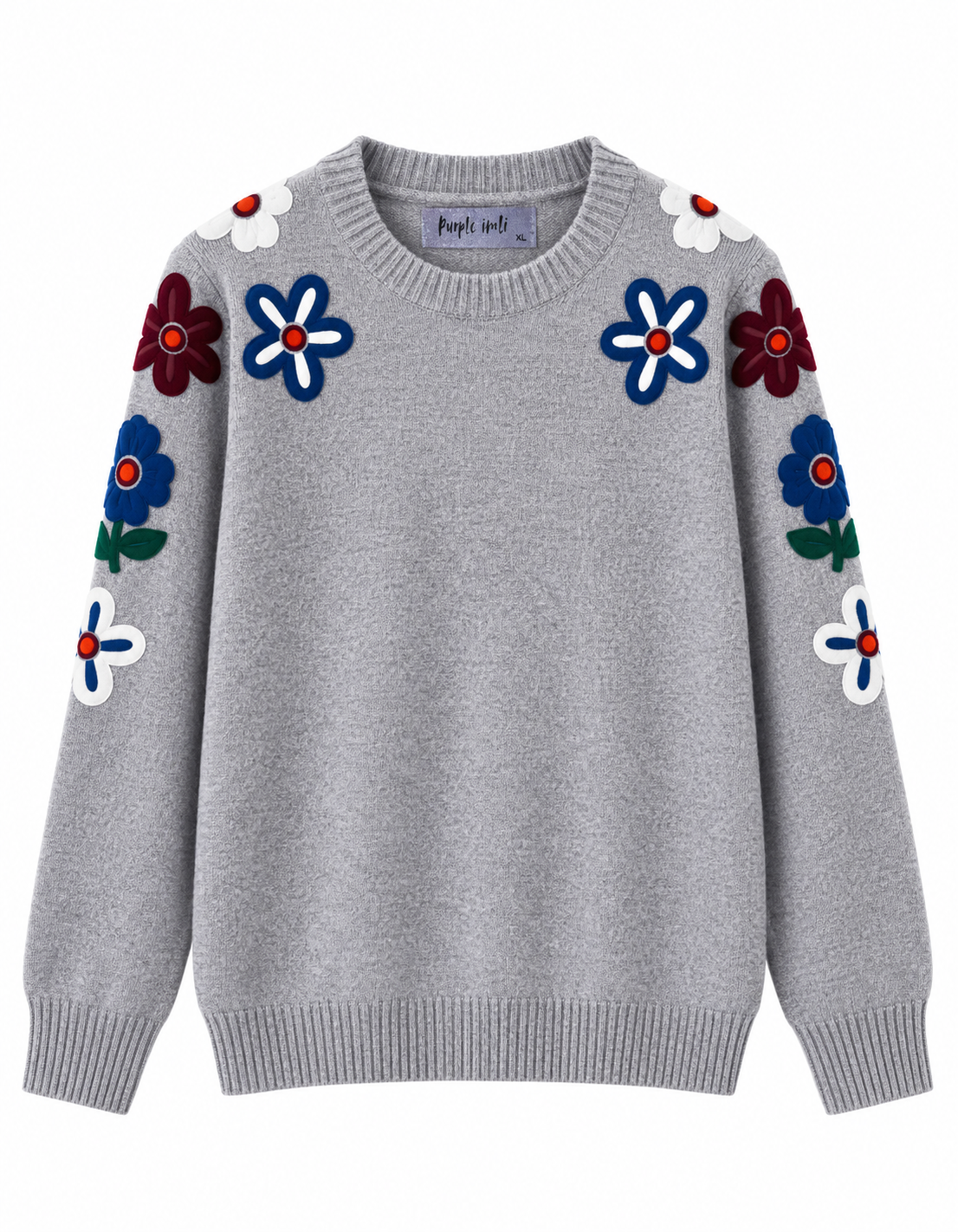 Grey embroidered round-neck women's sweater by Purple Imli – product flat lay