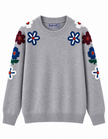 Grey embroidered round-neck women's sweater by Purple Imli – product flat lay