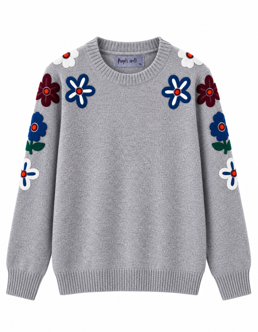 Grey embroidered round-neck women's sweater by Purple Imli – product flat lay