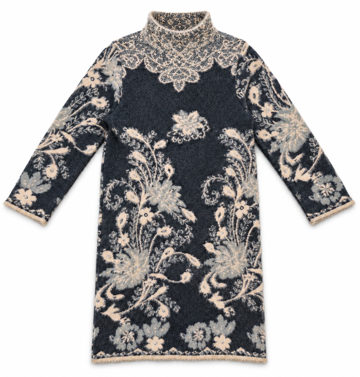 Grey and beige floral jacquard women's sweater dress by Purple Imli – product shot