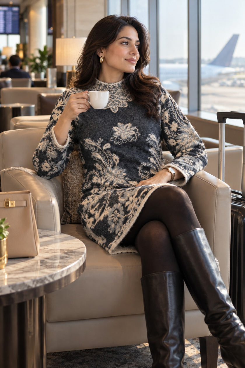 Woman wearing grey and beige floral jacquard sweater dress by Purple Imli in a city street look