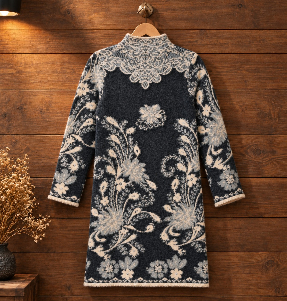 Close-up detail of grey and beige floral jacquard women's sweater dress by Purple Imli