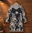 Close-up detail of grey and beige floral jacquard women's sweater dress by Purple Imli