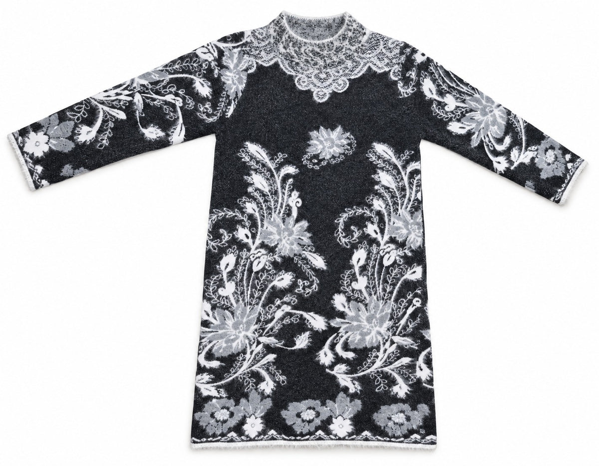 Grey and white floral jacquard women's sweater dress by Purple Imli – product shot