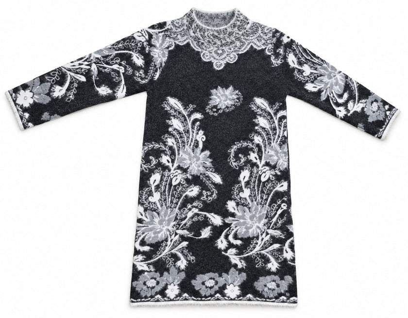 Grey and white floral jacquard women's sweater dress by Purple Imli – product shot