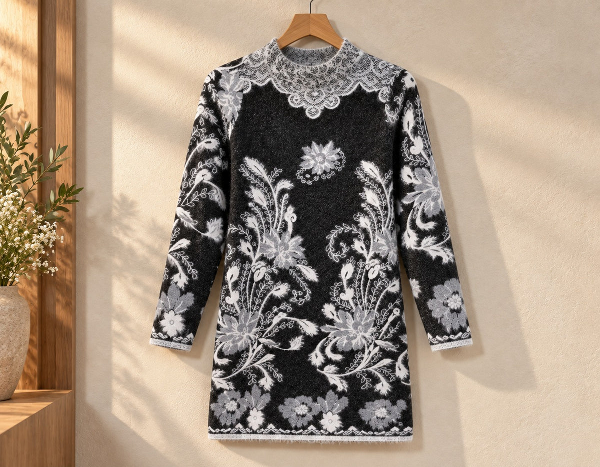 Close-up detail of grey and white floral jacquard women's sweater dress by Purple Imli