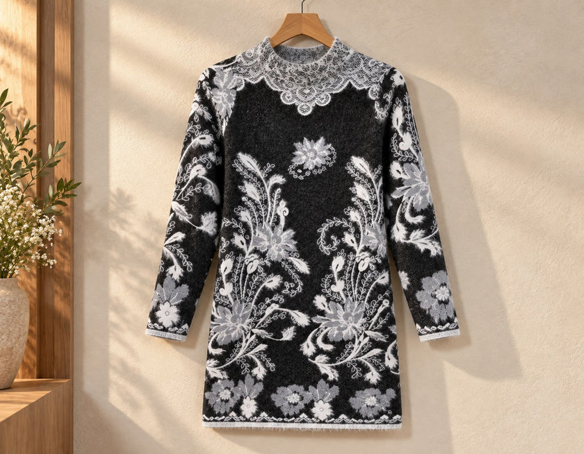 Close-up detail of grey and white floral jacquard women's sweater dress by Purple Imli