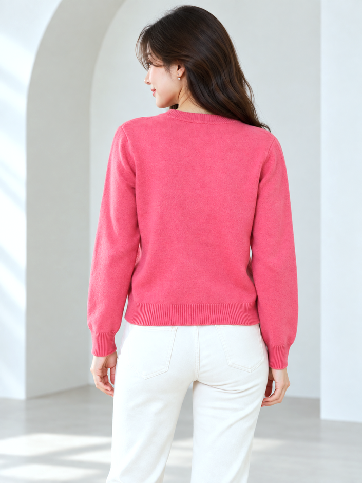 Hot pink bow V-neck women's cardigan by Purple Imli – back view