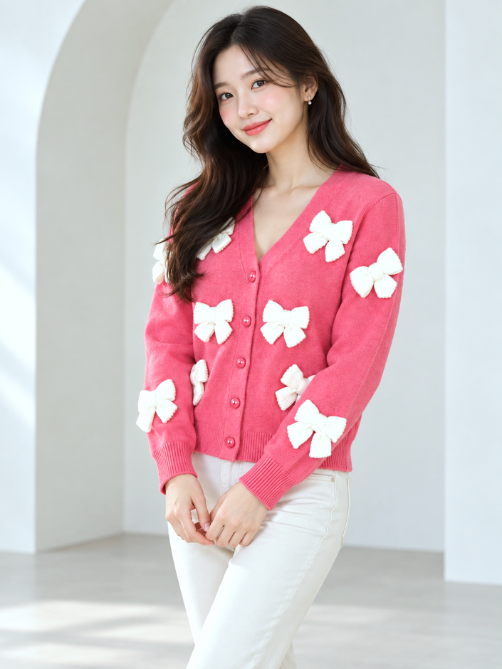 Hot pink bow V-neck women's cardigan by Purple Imli – front view