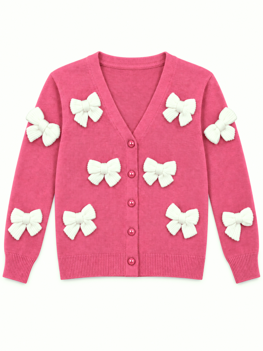 Hot pink bow V-neck women's cardigan by Purple Imli – product shot