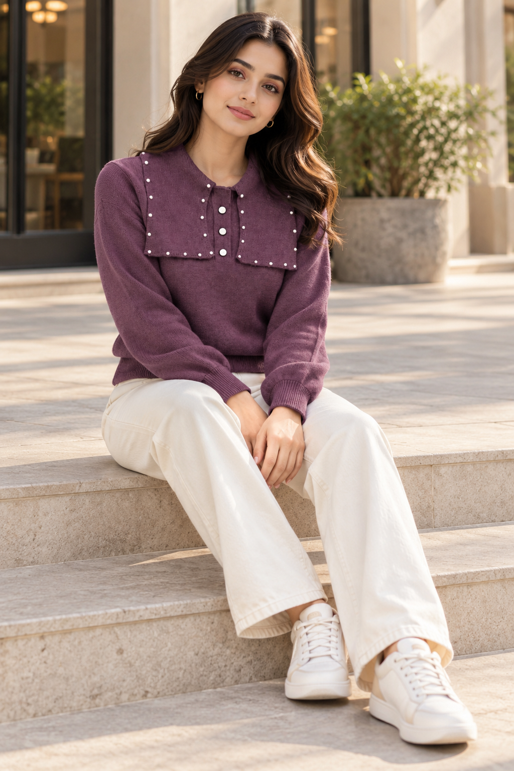 Woman wearing lavender pearl bib collar sweater by Purple Imli in a city street look