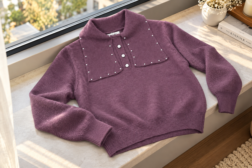 Close-up detail of lavender pearl bib collar women's sweater by Purple Imli